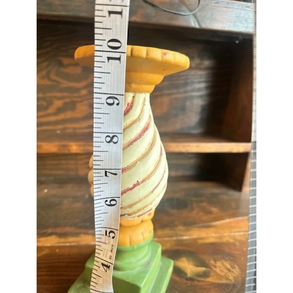 Vintage Hand Painted Ceramic Pillar Candle Holder‎ Spiral Pedestal Green Yellow